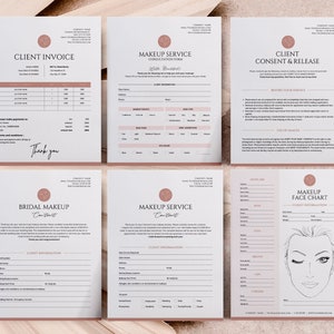 Plantillas de contrato de maquillador, paquete de 6 formularios para maquilladores, contrato de maquillaje nupcial, acuerdo de servicio al cliente de maquillaje, diagrama facial, autorización de cesión de consentimiento