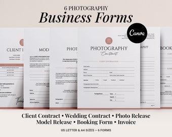 Contrat de photographie de mariage, lot de 6 formulaires, modèle de contrat client, autorisation d'impression pour le photographe, autorisation de droit à l'image, formulaire de réservation, CANVA