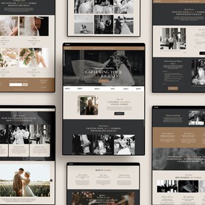 May include: Website screenshots showcasing a photography business specializing in wedding photography. The website features images of couples, wedding details, and text describing the services offered. The website has a dark gray and brown color scheme.