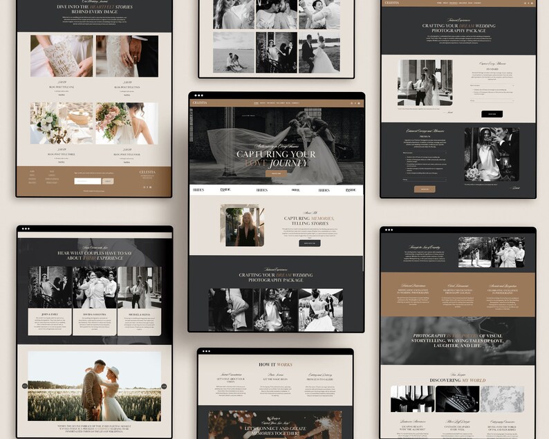 May include: Website screenshots showcasing a photography business specializing in wedding photography. The website features images of couples, wedding details, and text describing the services offered. The website has a dark gray and brown color scheme.