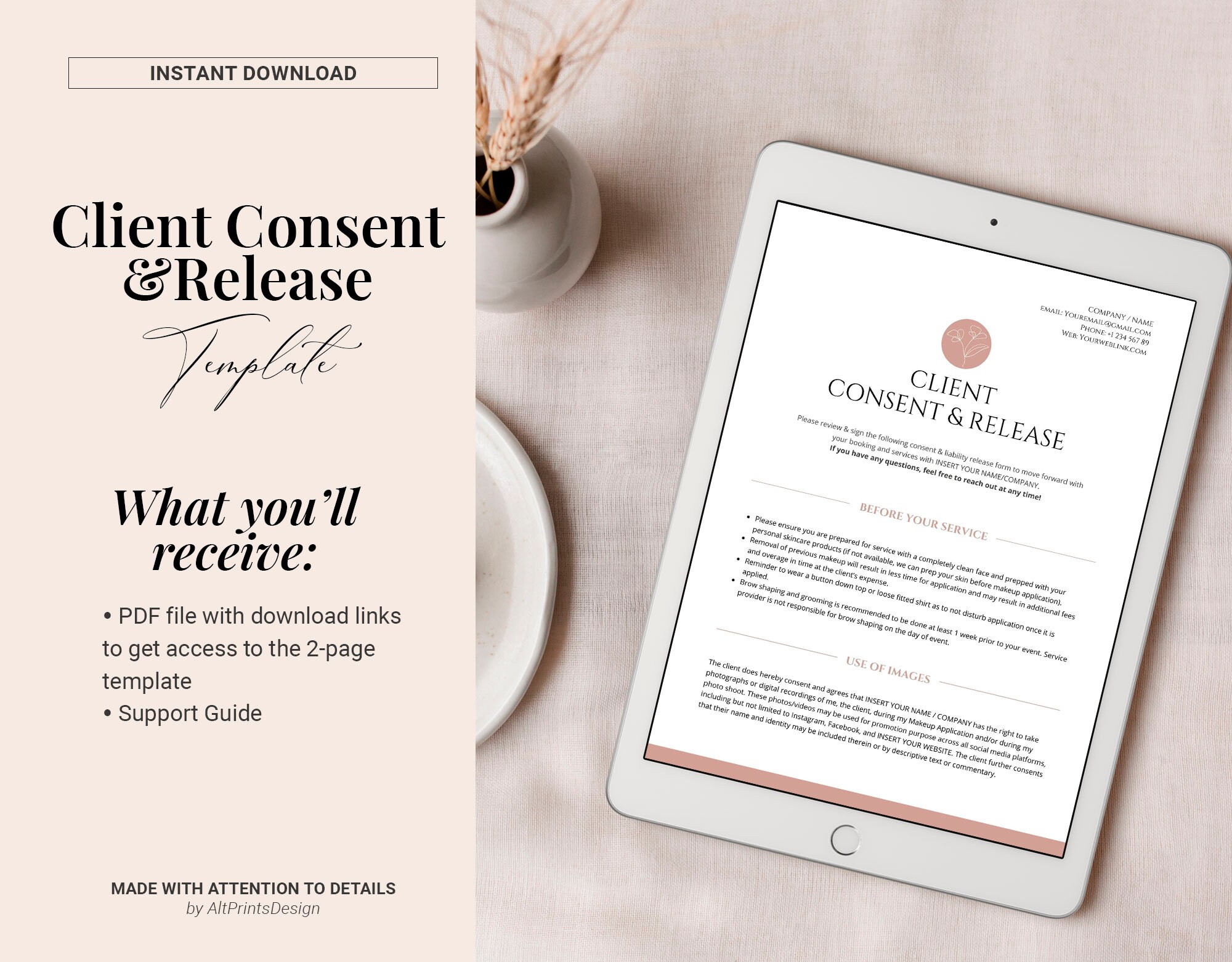 Makeup Artist Client Consent Forms, Photo Release Form, Liability Waiver, MUA Freelance Service