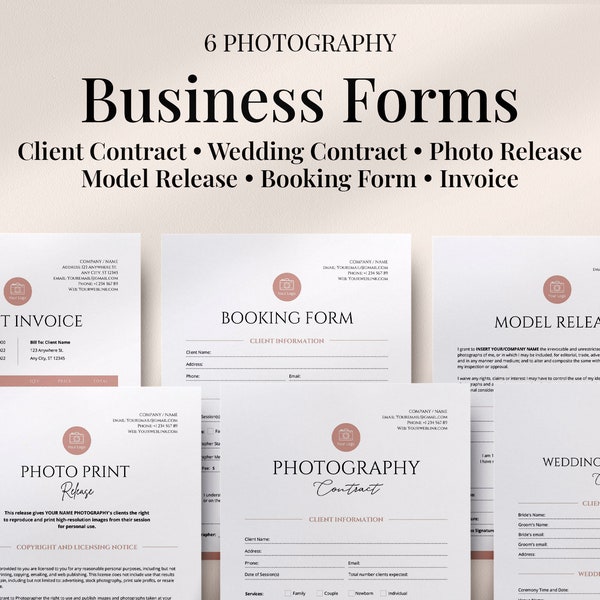 Wedding Photography Business Bundle, 6 Form Contract Template Set, Photographer Client Contract, Print Release, Model Release, Booking form