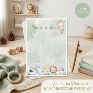 Puede incluir: Un recuerdo imprimible de hitos para bebés con el texto "Meine ersten Wörter". El diseño presenta un fondo verde claro con un borde de animales de la jungla. Incluye espacio para registrar palabras, significado y fecha.