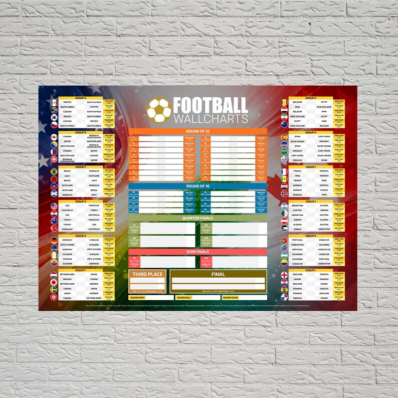 Pu&ograve; includere: Un tabellone da parete di calcio su uno sfondo di mattoni bianchi. Il tabellone presenta un design colorato con il testo "FOOTBALL WALLCHARTS" e una grafica di pallone da calcio. Include sezioni per gruppi, turni e finali.