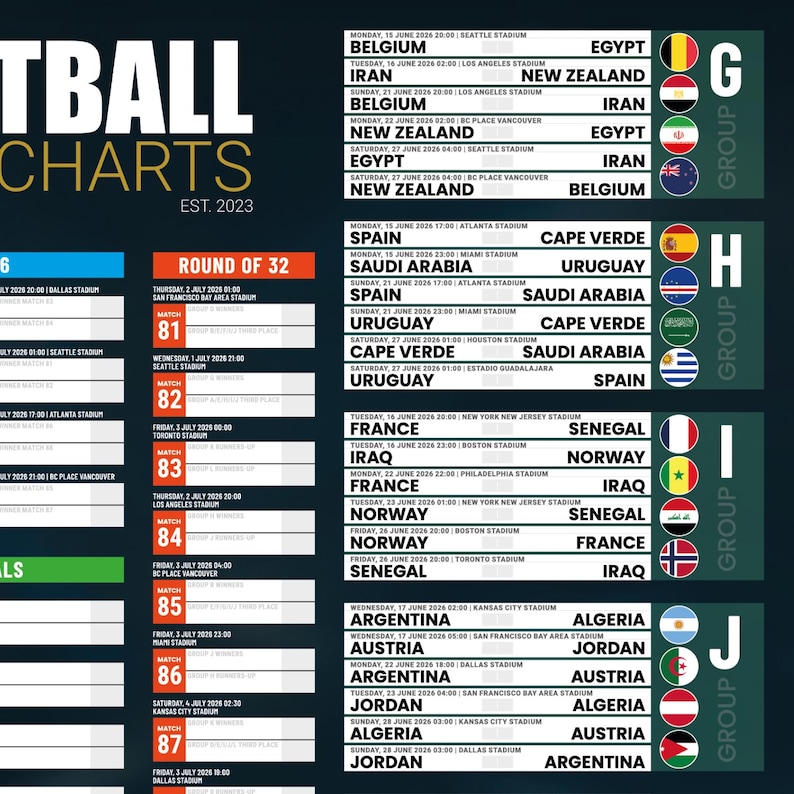Peut inclure: Un graphique de tableaux de football avec les matchs, les dates et les lieux des stades. Le tableau comprend les groupes G, H, I et J, avec les drapeaux des &eacute;quipes et les horaires des matchs. Le texte "EST. 2023" est en haut.