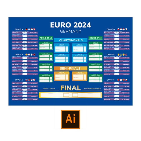 EM 2024 Wanddiagramm-Poster – Adobe Illustrator Vektor-AI-Datei [DIGITAL DOWNLOAD]