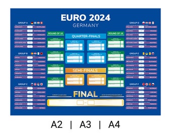 Printed Euro 2024 Wallchart Poster - A2 | A3 | A4 - Choose Size at Checkout - Delivery in Reinforced Envelope - UK Kick Off Times