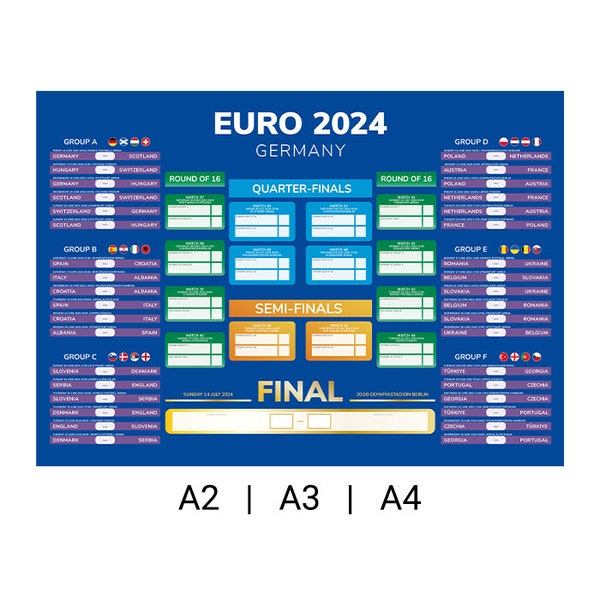 Printed Euro 2024 Wallchart Poster - A2 | A3 | A4 - Choose Size at Checkout - Delivery in Reinforced Envelope - UK Kick Off Times