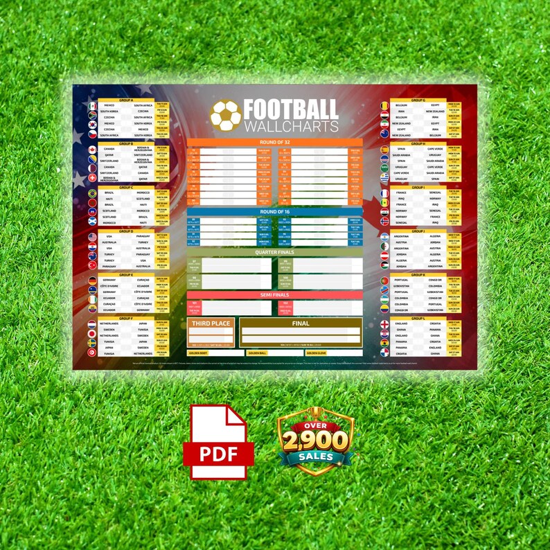 Pu&ograve; includere: Un tabellone da parete di calcio colorato con la scritta "FOOTBALL WALLCHARTS" e una grafica di pallone da calcio. Il tabellone mostra i tabelloni dei tornei e le informazioni sulle squadre. Include un'icona PDF e un badge con "OVER 2,900 SALES".