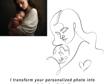 Custom Mother and Baby One Line Art from Photo: Personalized Family Portrait Sketch(Digital)