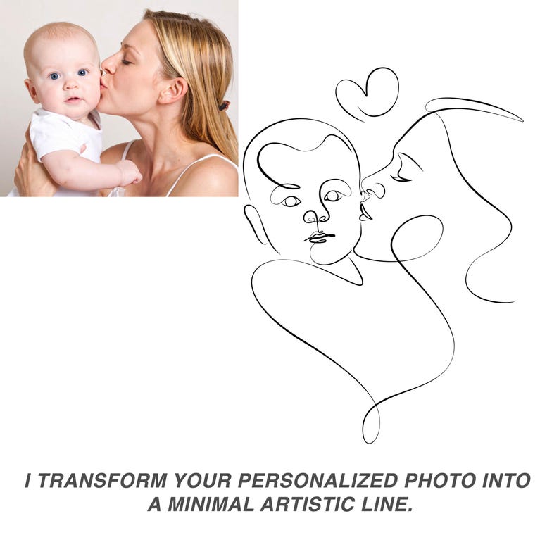 May include: A black and white line drawing of a mother and child. The mother is kissing the child on the cheek. The drawing is in the style of a minimalist line art.