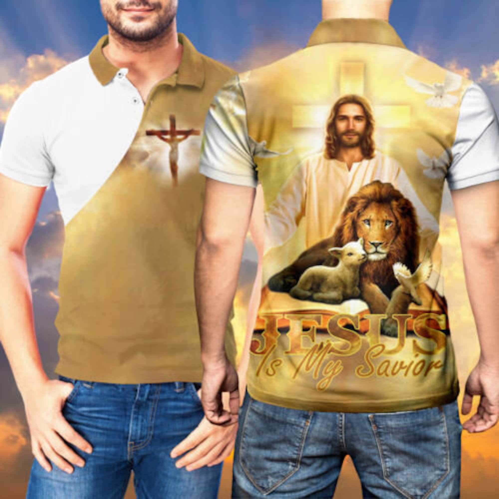 Jesus Cross Lion And Lamb Is My Savior Christian Religious Polo Shirt