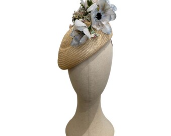 Luxury Beret hat - natural straw and vintage flowers, Blue flowers, Grey flowers, Straw hat