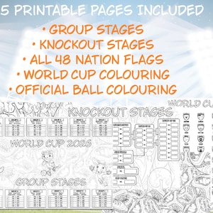 May include: Five printable pages for World Cup 2026 including group stages, knockout stages, 48 nation flags, and coloring sheets. The black and white pages feature tournament brackets, match schedules, mascot illustrations, and soccer ball designs.