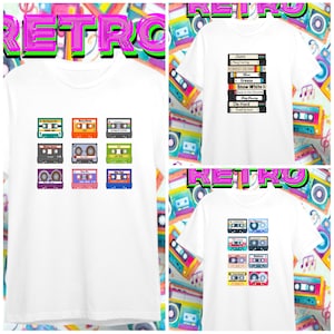 Retro Vintage design t shirt unisex adults kids movie vhs cassette songs tv shows personalised custom 80&#39;s 90&#39;s 00&#39;s 70&#39;s gift tape deck