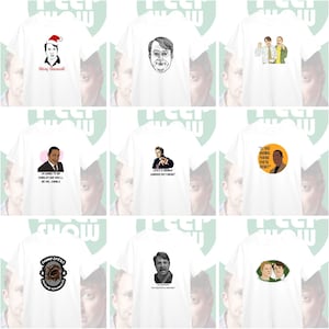 May include: White t-shirts with various graphic designs featuring characters and quotes from the British sitcom "Peep Show." Designs include portraits, quotes, and holiday-themed graphics. The shirts are displayed on a light green background.