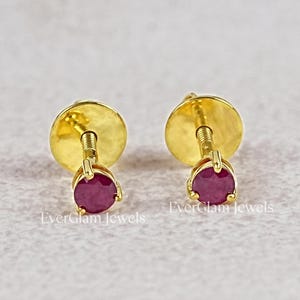 Round Cut Ruby Gemstone Earrings/ Natural Gemstone Red Wedding Earrings/ 14K Gold Dainty Solitaire Studs For Women/ Birthday Gift For Her