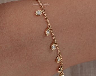 Round Cut Natural Diamond Dangling Station Bracelet / Lab Grown Diamond Chain Bracelet / 14K Gold Dainty Charm Bracelet For Wedding Gift