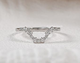 Runder Schnitt natürlicher Diamant geschwungener Ehering / Lab gewachsene Diamant Kontur Verlobungsring / 14K Gold natürlicher Diamant Schmuck / Brautschmuck