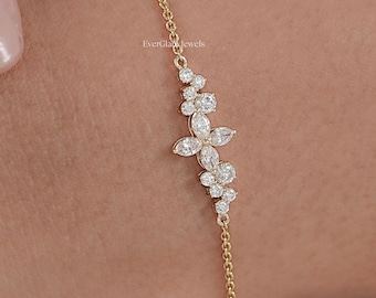Marquise Cut Lab Grown Diamond Flower Bracelet/ Round Cut Natural Diamond Dainty Bracelet/ 14K Gold Chain Bracelet/ Cluster Jewelry For Her