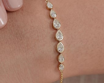 Pear Cut Natural Diamond East West Bracelet/ Lab Made Diamond Bezel Setting Bracelet/ 14K Solid Gold Stackable Bracelets For Birthday Gift
