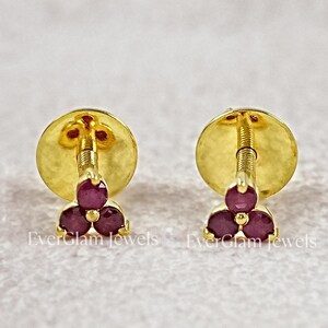 Round Cut Ruby Gemstone Trio Earrings/ Natural Gemstone Red Wedding Earrings/ Solid Gold Dainty Studs For Women/ Bridesmaid Gift for her