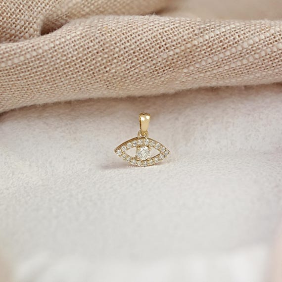 Round Cut Lab Grown Diamond Evil Eye Pendant/ Natural Diamond Charm Pendant/ 14K Gold Cluster Jewelry/ Custom Pendant For Anniversary Gift