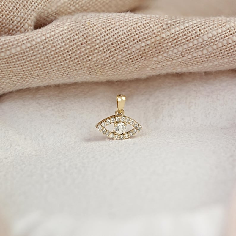 Round Cut Lab Grown Diamond Evil Eye Pendant/ Natural Diamond Charm Pendant/ 14K Gold Cluster Jewelry/ Custom Pendant For Anniversary Gift