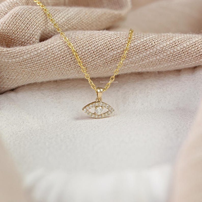 Round Cut Lab Grown Diamond Evil Eye Pendant/ Natural Diamond Charm Pendant/ 14K Gold Cluster Jewelry/ Custom Pendant For Anniversary Gift