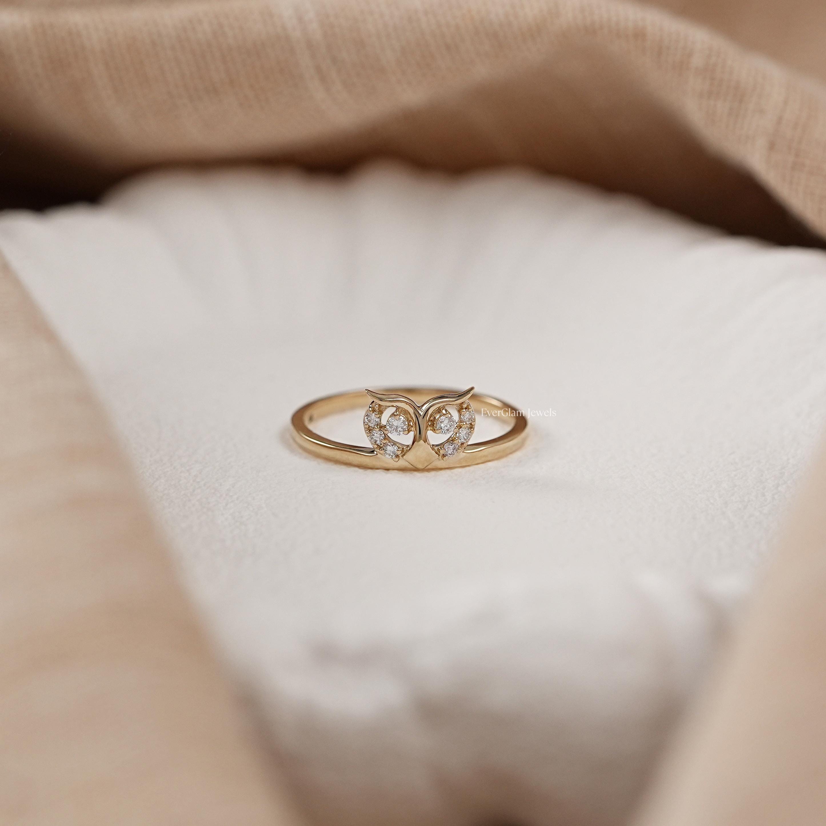 Round Cut Natural Diamond Owl Shape Ring / 14K Solid Gold Real Diamond Ring / Earth Mined Diamond  W