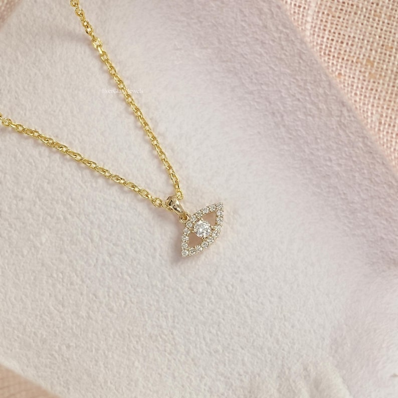 Round Cut Lab Grown Diamond Evil Eye Pendant/ Natural Diamond Charm Pendant/ 14K Gold Cluster Jewelry/ Custom Pendant For Anniversary Gift