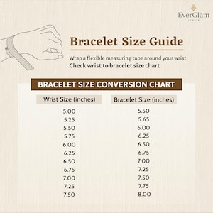 May include: A bracelet size guide showing a hand measuring a wrist with a flexible tape. The guide includes a bracelet size conversion chart with wrist sizes from 12.7 cm to 19.05 cm and corresponding bracelet sizes from 14 cm to 20.3 cm.