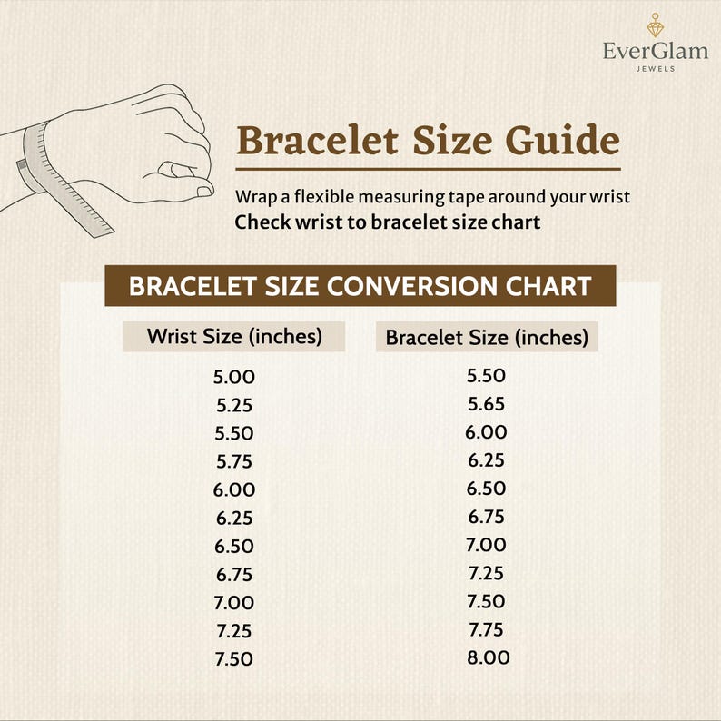 May include: A bracelet size guide showing a hand measuring a wrist with a flexible tape. The guide includes a bracelet size conversion chart with wrist sizes from 12.7 cm to 19.05 cm and corresponding bracelet sizes from 14 cm to 20.3 cm.