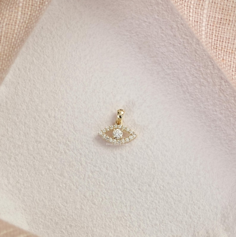 Round Cut Lab Grown Diamond Evil Eye Pendant/ Natural Diamond Charm Pendant/ 14K Gold Cluster Jewelry/ Custom Pendant For Anniversary Gift