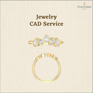 May include: A gold ring with five clear gemstones in a teardrop and oval shape. The ring is shown from two angles, with the text "Jewelry CAD Service" at the top.