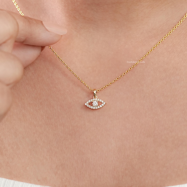 Round Cut Lab Grown Diamond Evil Eye Pendant/ Natural Diamond Charm Pendant/ 14K Gold Cluster Jewelry/ Custom Pendant For Anniversary Gift