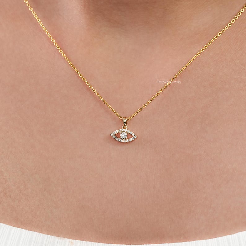 Round Cut Lab Grown Diamond Evil Eye Pendant/ Natural Diamond Charm Pendant/ 14K Gold Cluster Jewelry/ Custom Pendant For Anniversary Gift