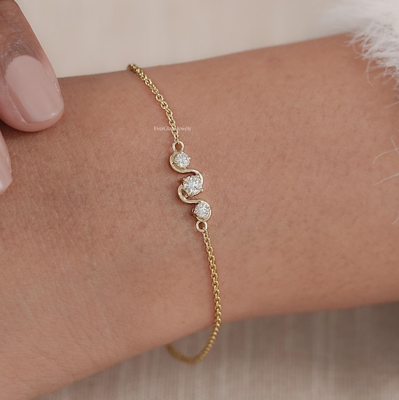 Round Cut Earth Mined Diamond Three Stone Bracelet/ Lab Grown Dainty Diamond Bracelet/ 14K Solid Gold Cable Chain Bracelet For Wedding Gift