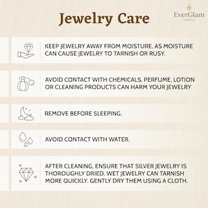 May include: A beige graphic with jewellery care tips. Text includes: Keep jewellery away from moisture, avoid contact with chemicals, remove before sleeping, avoid contact with water, and dry after cleaning.