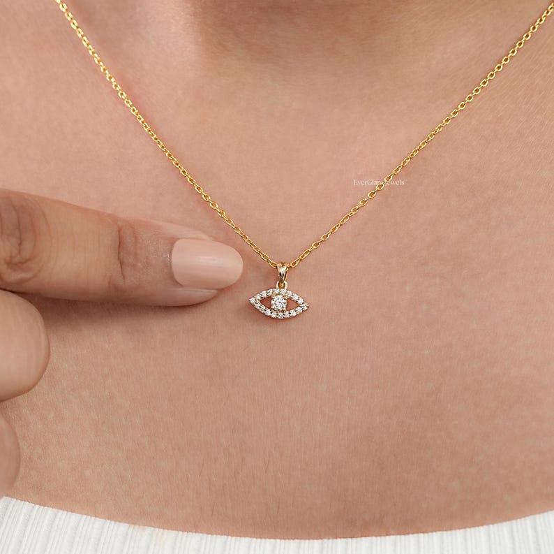 Round Cut Lab Grown Diamond Evil Eye Pendant/ Natural Diamond Charm Pendant/ 14K Gold Cluster Jewelry/ Custom Pendant For Anniversary Gift