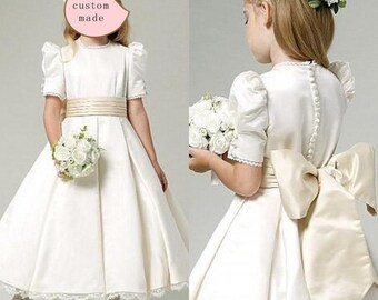 Girl elegant wedding dress-Many color's Bow,Girl dress classic,Ivory Satin Flower Girl Dresses With Champagne Bow Sash Jewel Neck,