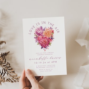 Love Is In The Air Bridal Shower Invitation, Valentines, Floral, Instant Download, Canva Template, Modern Minimalist, Calligraphy PP287 image 1
