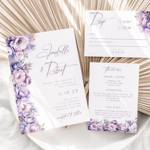 Paquete de invitación de boda lila, invitación de lavanda púrpura, RSVP, tarjeta de detalles, floral, guión, plantilla Canva, descarga instantánea, PP299