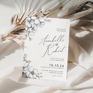 Fine Line Floral Wedding Invitation, Flower Outline, Elegant Modern, Minimalist, Calligraphy, Canva Template, Editable, Instant Download