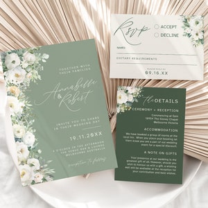 Floral Wedding Invitation Set Sage, RSVP, Details Card, Modern Minimalist, Invite Suite, Calligraphy, Canva Template, Instant Download PP206