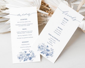 Dusty Blue Toile Wedding Menu, Floral, Modern Minimalist, Wedding Reception Decor, Menu Card, Editable, Canva Template, Instant Download