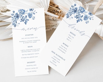 Dusty Blue Toile Wedding Menu, Floral, Modern Minimalist, Wedding Reception Decor, Menu Card, Editable, Canva Template, Instant Download
