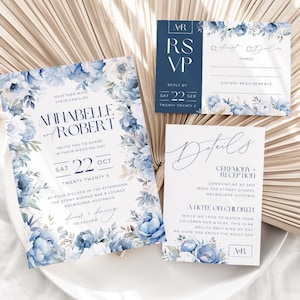 Dusty Blue Wedding Invitation Kit, Floral Bundle, RSVP And Details Card, Modern, Canva Template, Editable, Instant Download PP298