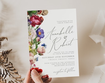 Bright Floral Wedding Invitations, Summer Wedding, Vintage Floral Invite, Colorful, Canva Template, Editable, Instant Download,  PPVF