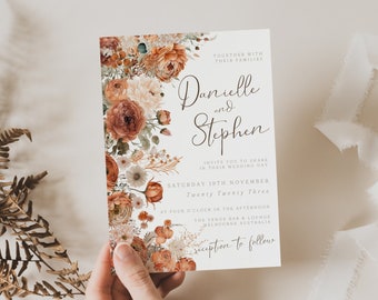 Rust Wedding Invitation Template, Terracotta Floral Invitations, Fall, Autumn, Canva Template, Editable, Instant Download,  PP1T